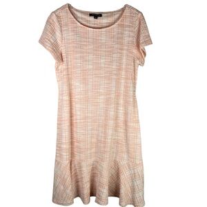 Sharagano Dress Women’s 14 Peach Ivory Tweed Plaid Ruffle Hem Belted Stretch